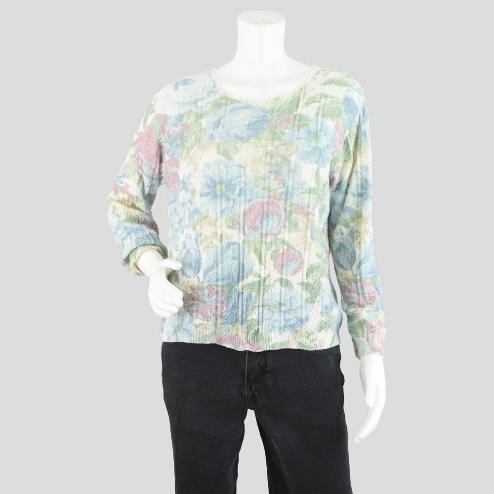 Vintage 90s Pastel Floral Long Sleeve Sweater Top Women's Petite Medium